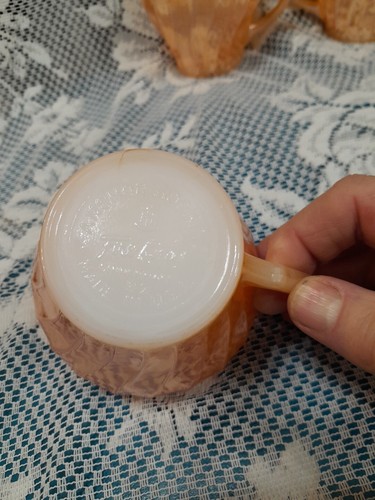 3 Anchor Hocking Lusterware Peach Coffee Cups Signed No Chips Replacements - Picture 5 of 8