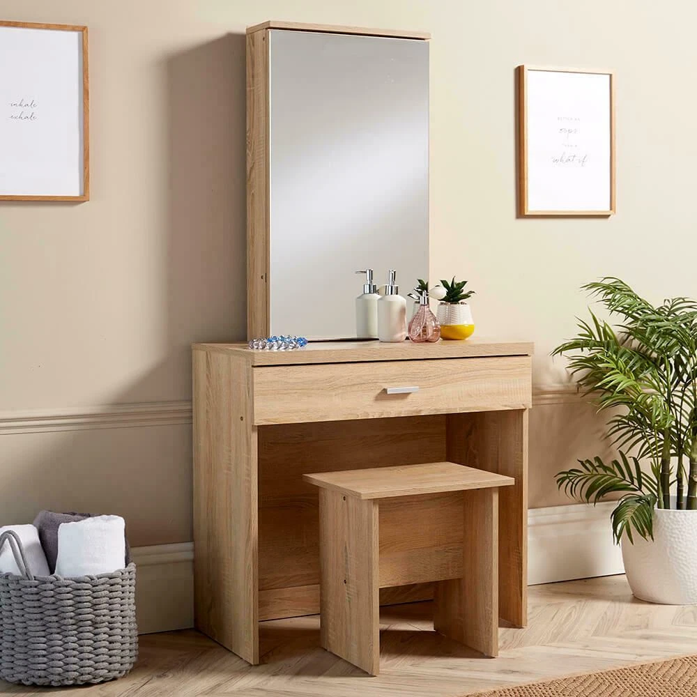 Sonoma Oak Dressing Table Set With Sliding Storage Vanity Mirror