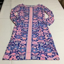 Lilly Pulitzer Dress Women XS Blue Pink Floral Long Sleeve Pima Cotton Shift