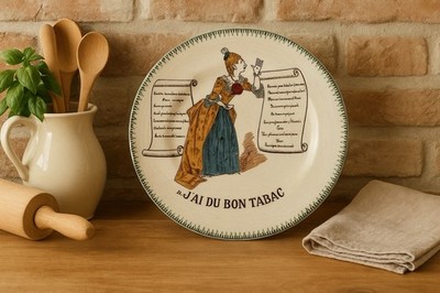 Vintage French Faïence Plate    J ai du Bon Tabac  Song Scene