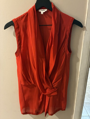 HELMUT LANG Red Silk Sleeveless V-Neck Wrap Blouse Women's Size P