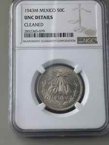 1943-M Mexico 50 Centavos Silver Coin NGC Uncirculated Details Cleaned KM-447