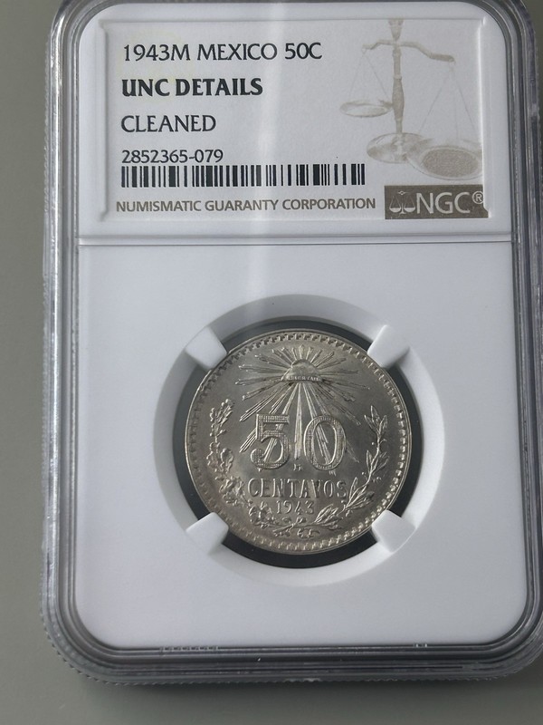 1943-M Mexico 50 Centavos Silver Coin NGC Uncirculated Details Cleaned KM-447