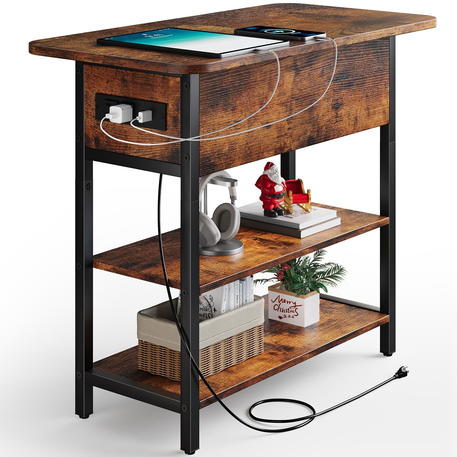 End Table with Charging Station, USB & Outlets, Flip Top Side Table with Storage