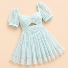Self-Portrait Mini Dress Chiffon Pleated Lace Puff Sleeve Cutout Aqua US 8 NWT