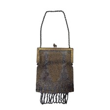 Vtg 1920s Art Deco Gold Metal Glass Beaded Evening Bag Chain Purse Fringe READ