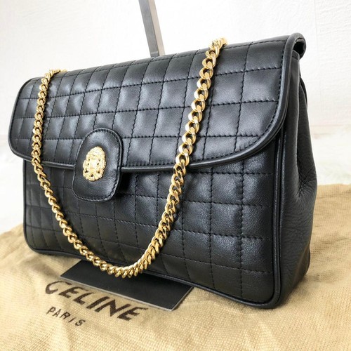 CELINE Quilted Chain Shoulder Bag Monogram Leather Black Used Authentic