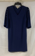 Michael Kors Navy Split Bell Sleeve V-Neck Dress Gold Hardware Sz XS