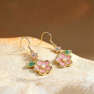 Authentic Pearl Enamel Dangle Earrings Boho Pink Flower Dainty Gemstone 18K Gold Plated