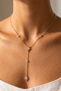 Authentic 18K Gold Plated CZ North Star Y Lariat Drop Necklace