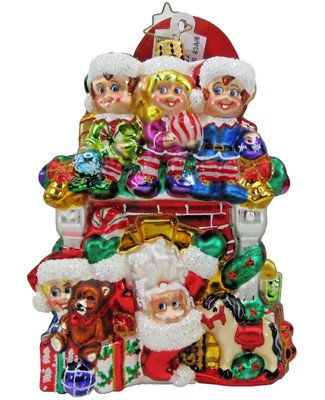 NEW Christopher Radko glass ornament SANTA'S LITTLE HELPERS FIREPLACE HIGH JINKS