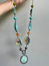 Ayala Bar Signed Statement Necklace Aqua/Orange Fabric & Beads - Artisan-Made