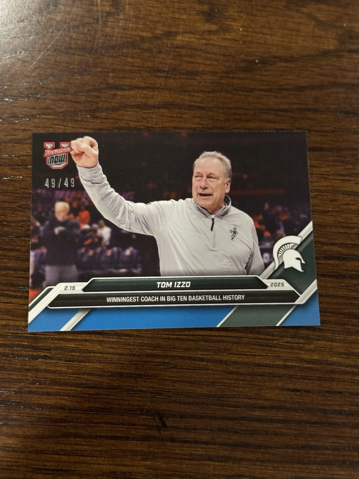 Tom Izzo Most Wins 2024-25 Bowman U NOW Basketball Card 68 Blue Parallel 49/49