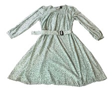 Ann Taylor Mint Green Dots Long Sleeve Midi Dress w/ Belt Large