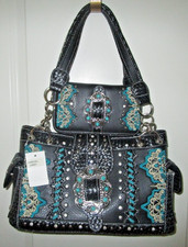 EMBROIDERED BLACK LARGE BUCKLE SHOULDER BAG WALLET SET - CONCEAL CARRY 1