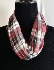 Infinity scarf, beautiful check print, white/red/black,  handmade, 46" x 5.5"