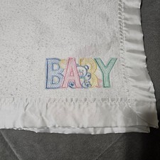 White Acrylic Satin Trim Blanket Baby Embroidered Bear Made in USA vintage