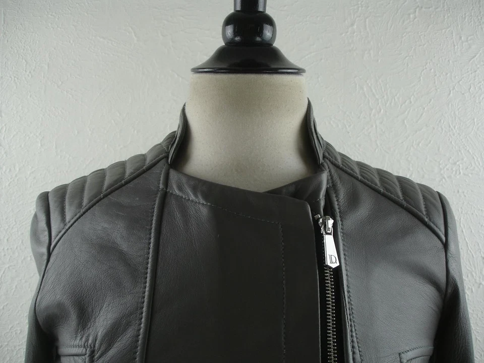 Women's S Dawn Levy Leather Jacket Gray Moto Quilted Asymmetrical Zip Biker NEW! - Image 2 of 4