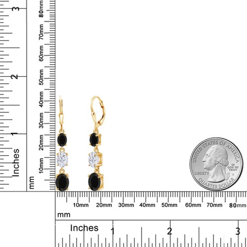 18K Yellow Gold Plated Silver Onyx 3 Stone Dangle Earrings For Women (5.80 - Picture 6 of 7