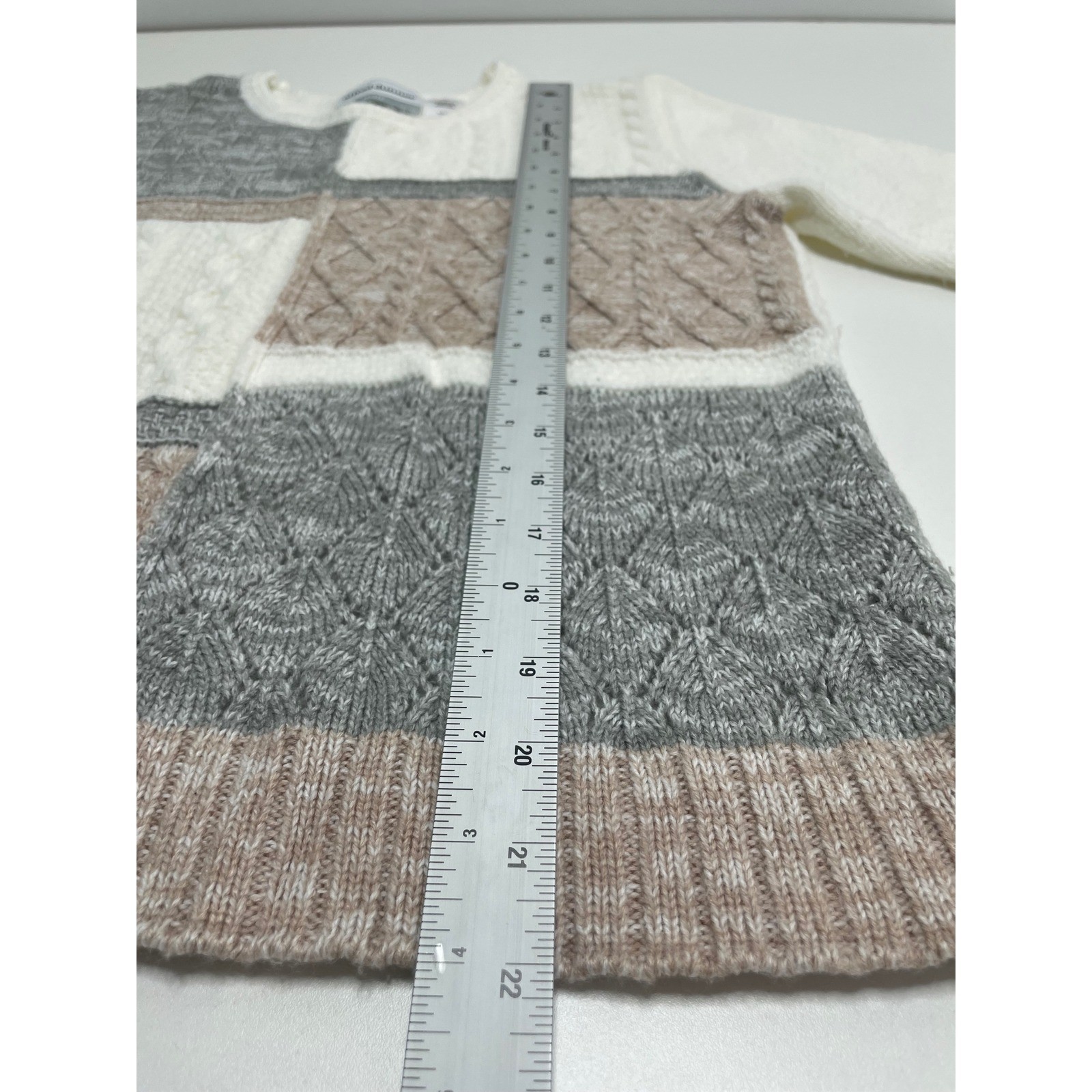 Patchwork Cable Knit Sweater White Gray Fisherman… - image 8