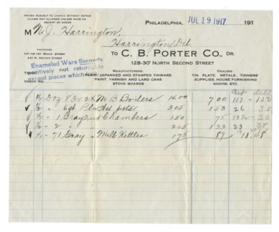 1917 Advertising Invoice C. B. Porter Phila PA Tinware Varnish Paint Harrington
