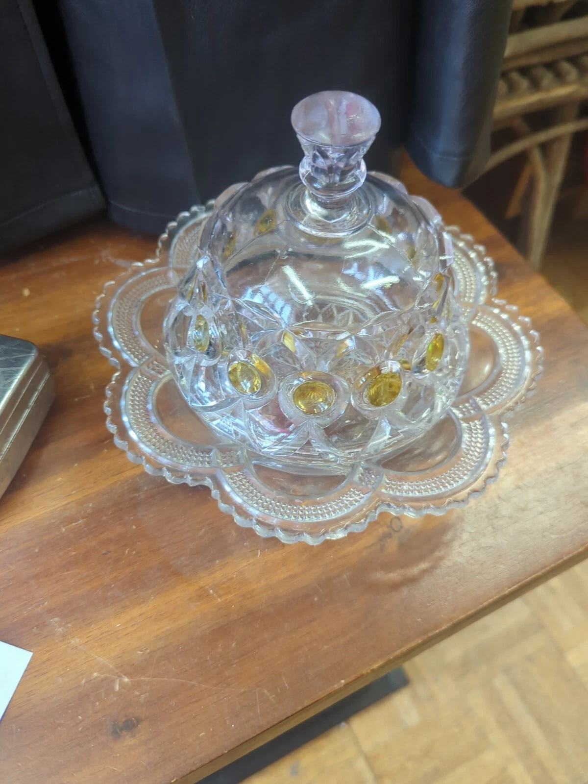 Vintage Eapg Jefferson Round Covered Butter Dish W/Lid Yellow Clear Glass