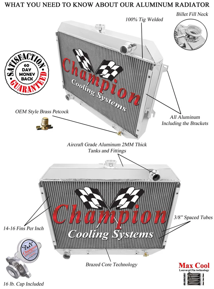 Radiador de aluminio Champion Racing 4 filas para autos Chrysler/Dodge 1968-74 Foto 3 de 4