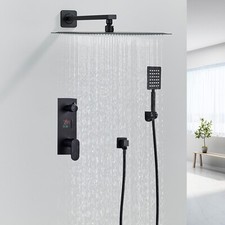 Conceled Shower Mixer Set 12" Digital Display Square Rainfall Shower Head Black