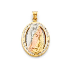 14K Yellow Gold Lady of Guadalupe CZ Religious Charm Pendant For Necklace Chain