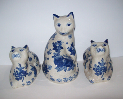 Set di (3) statuine gatto vintage in ceramica blu Delft, OTTIME CONDIZIONI! - Foto 3 di 19