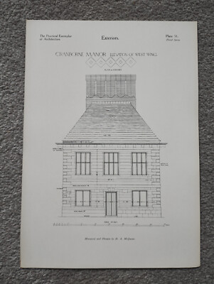 Cranborne Manor, Dorset - Elevation of West Wing - Antique Print - 1928