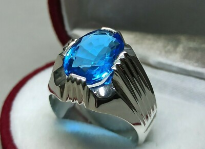 Ovalschliff 6 Karat Blautopas Herren Ring Sterlingsilber 925 Handarbeit Topas Ring