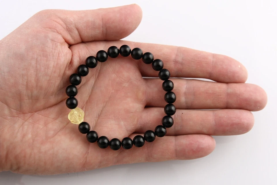 Brazalete ROSA TALLADA CUENTAS REDONDAS NEGRAS ÁMBAR BÁLTICO GENUINO 7,2 g 200505-29 Foto 3 de 3