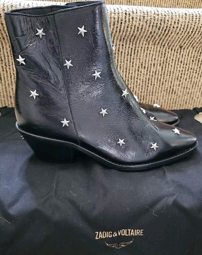 Zadig & Voltaire Tyler Vintage Stars Flash Ankle Boots Black Leather Sz 36, New! - Picture 2 of 6