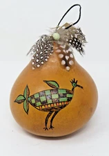 Moki Hand Painted Gourd Ornament Feathers Bird Signed Folk Art