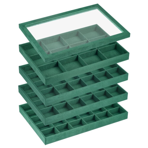 Jewelry Tray, 4Pcs - Velvet Stackable Jewelry Display Tray with Lid (Dark Green) - Picture 1 of 6