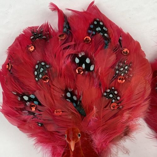 Flocked Red Sequined Peacock Ornaments Wire on Feet Set of 2 Christmas Ornaments - Picture 3 of 12