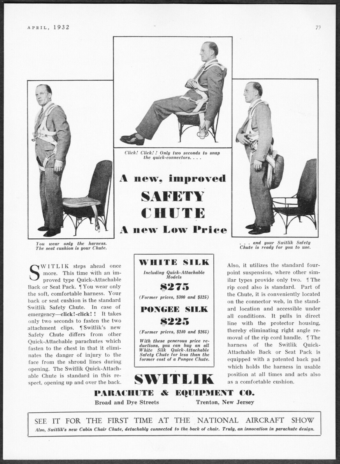 1932 Switlik Parachute Wear Only Harness, Seat Cushion is Chute vintage print ad