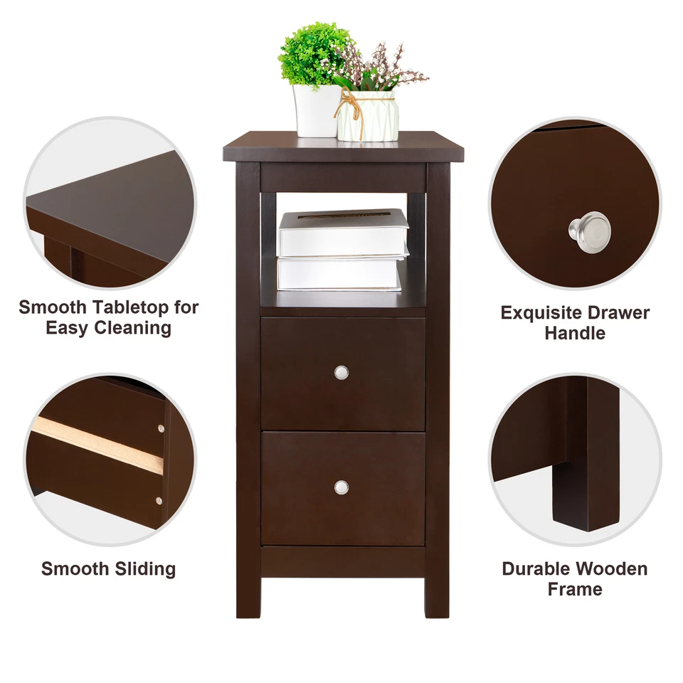 Set of 2 End Tables 3 Tier Narrow Side Table w/ 2 Drawer and Storage Shelf Brown - Image 4 of 4