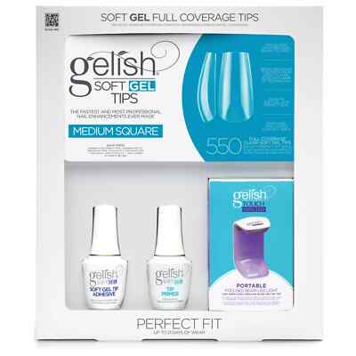 Gelish Soft Gel Intro Kit Medium Square Full Coverage Nail Tips With Lamp