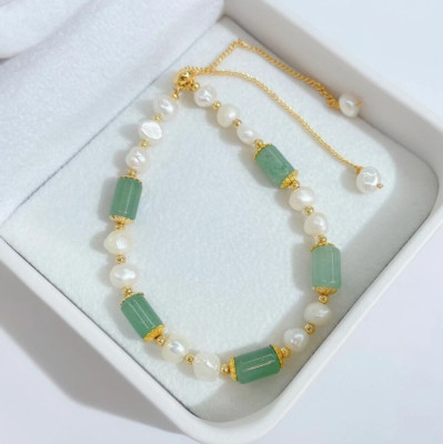 Natural Green Jade Freshwater Pearl Adjustable Copper Bracelet - Five Bamboo