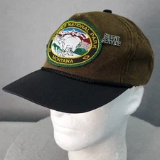 Vintage Glacier National Park Hat Cap Leather Strap Back MT Goat Patch + PINS