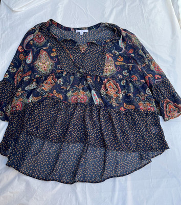 DR2 Multicolor Paisley Sheer Chiffon Ruffle V-Neck Tunic Blouse XL 3/4 Sleeve