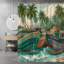 Tropical Beach Boats Shower Curtain Palm Tree Coastal Scene