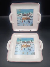 Set of 2 Villeroy & Boch Naif Christmas 8" Square Handled Serving Plates/Tray