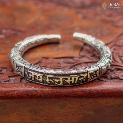 925 Sterling silver chitai work jai hanuman cuff kada unisex jewelry nsk964