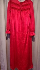 Vintage NANCY KING RED NIGHTGOWN Long Sleeve RUFFLED Medium Lace Sheer Gown