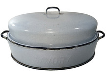 Vintage Savory Turkey Roaster Roasting Pan Enamel Double Wall Lightblue 18 inch