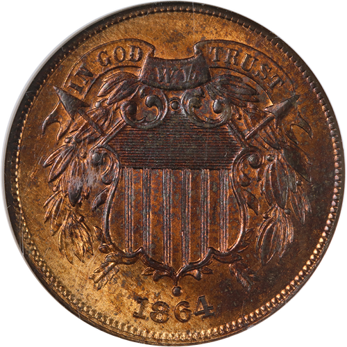 1864 Two (2) Cent Piece Large Motto NGC MS65 RB Superb Eye Appeal Strong Strike - Picture 1 of 4