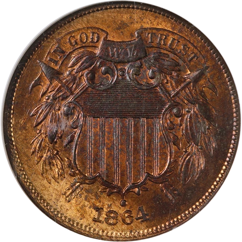 1864 Two (2) Cent Piece Large Motto NGC MS65 RB Superb Eye Appeal Strong Strike